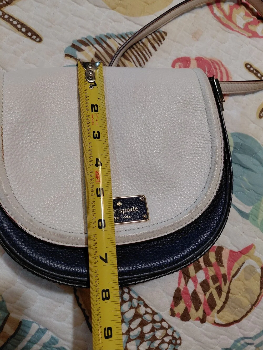 Kate Spade NY Oliver Street White/Navy Blue Pebbled Leather Saddle Bag Crossbody